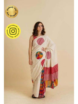 Isadora Life - Womens Printed Beige Pre-Draped Saree with Unstitched Blouse