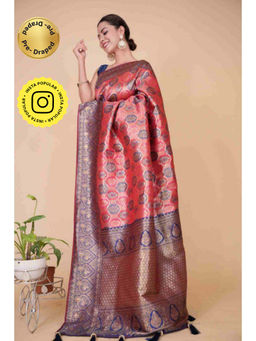 Isadora Life - Womens Woven Tassels Pink Pre-Draped Saree with Unstitched Blouse
