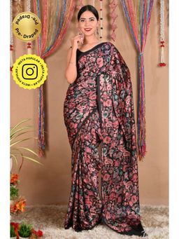 Isadora Life - Womens Floral Printed Black Pre-Draped Saree with Unstitched Blouse