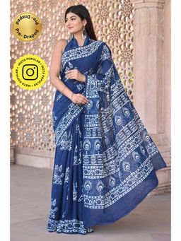 Isadora Life - Womens Printed Blue Pre-Draped Saree with Unstitched Blouse