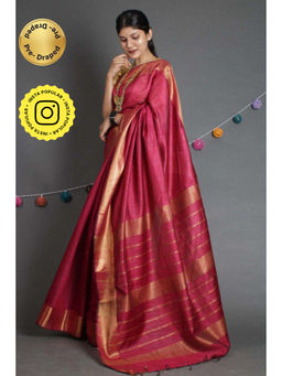 Isadora Life - Womens Woven Zari Red Pre-Draped Saree with Unstitched Blouse