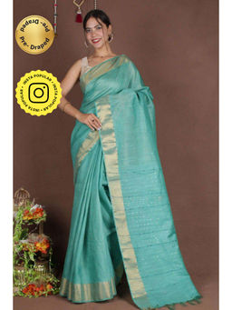 Isadora Life - Womens Woven Zari Blue Pre-Draped Saree with Unstitched Blouse
