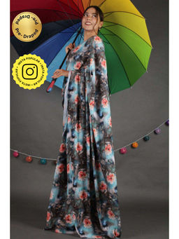 Isadora Life - Womens Floral Printed Multi-Color Pre-Draped Saree with Unstitched Blouse
