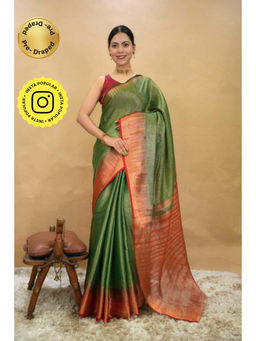 Isadora Life - Womens Woven Zari Green Pre-Draped Saree with Unstitched Blouse