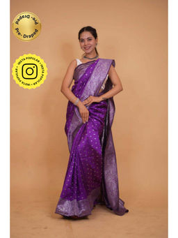 Isadora Life - Womens Woven Zari Purple Pre-Draped Saree with Unstitched Blouse