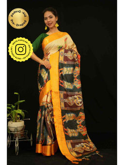 Isadora Life - Womens Printed Tassels Yellow Pre-Draped Saree with Unstitched Blouse
