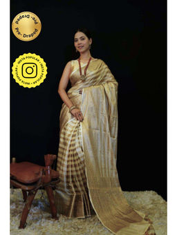 Isadora Life - Womens Stripes Tassels Gold Pre-Draped Saree with Unstitched Blouse