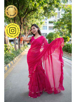 Isadora Life - Womens Stripes Leheriya Pink Pre-Draped Saree with Unstitched Blouse