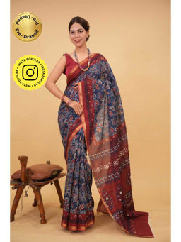 Isadora Life - Womens Printed Blue Pre-Draped Saree with Unstitched Blouse