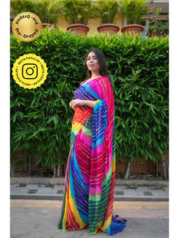 Isadora Life - Womens Tie & Dye Tassels Multi-Color Pre-Draped Saree with Unstitched Blouse