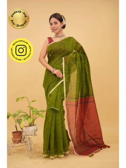 Isadora Life - Womens Printed Tassels Green Pre-Draped Saree with Unstitched Blouse