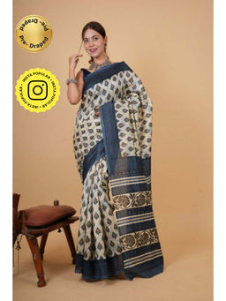 Isadora Life - Womens Block Print Off White Pre-Draped Saree with Unstitched Blouse
