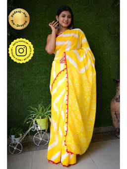 Isadora Life - Womens Printed Tassels Yellow Pre-Draped Saree with Unstitched Blouse