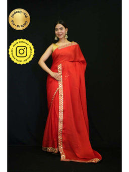 Isadora Life - Womens Solid Mirror Work Red Pre-Draped Saree with Unstitched Blouse