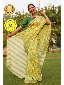 Isadora Life - Womens Floral Printed Green Pre-Draped Saree with Unstitched Blouse
