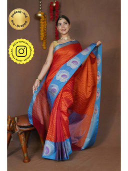 Isadora Life - Womens Woven Zari Orange Pre-Draped Saree with Unstitched Blouse