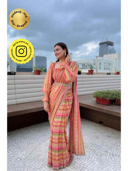 Isadora Life - Womens Stripes Tassels Multi-Color Pre-Draped Saree with Unstitched Blouse