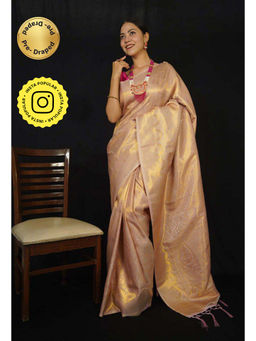 Isadora Life - Womens Woven Zari Gold Pre-Draped Saree with Unstitched Blouse