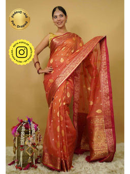 Isadora Life - Womens Woven Zari Rust Pre-Draped Saree with Unstitched Blouse