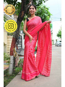 Isadora Life - Womens Printed Tassels Pink Pre-Draped Saree with Unstitched Blouse