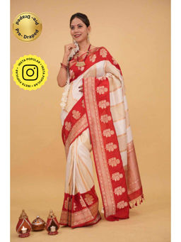 Isadora Life - Womens Woven Tassels Off White Pre-Draped Saree with Unstitched Blouse