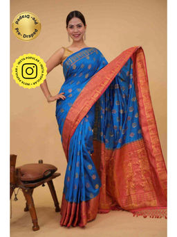 Isadora Life - Womens Woven Tassels Blue Pre-Draped Saree with Unstitched Blouse