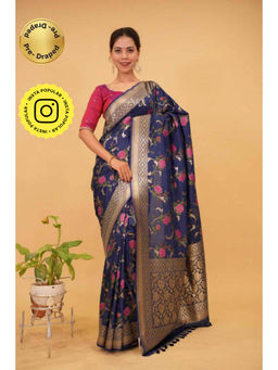 Isadora Life - Womens Floral Zari Blue Pre-Draped Saree with Unstitched Blouse