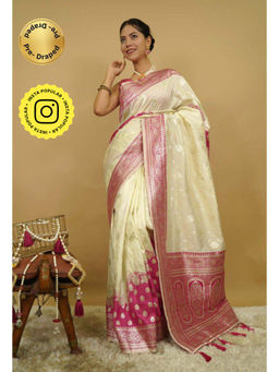 Isadora Life - Womens Woven Zari Cream Pre-Draped Saree with Unstitched Blouse