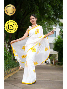 Isadora Life - Womens Floral Printed White Pre-Draped Saree with Unstitched Blouse