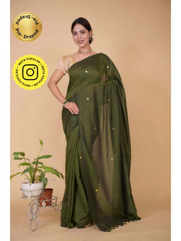 Isadora Life - Womens Woven Tassels Green Pre-Draped Saree with Unstitched Blouse