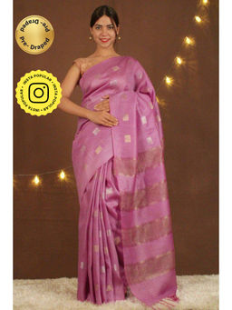 Isadora Life - Womens Woven Zari Pink Pre-Draped Saree with Unstitched Blouse