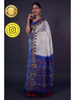 Isadora Life - Womens Checks Printed White Pre-Draped Saree with Unstitched Blouse