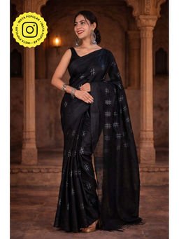 Isadora Life - Womens Printed Tassels Black Pre-Draped Saree with Unstitched Blouse
