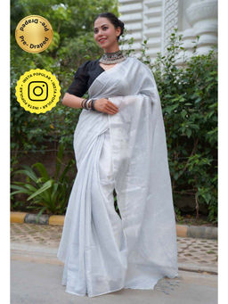 Isadora Life - Womens Solid Tassels White Pre-Draped Saree with Unstitched Blouse