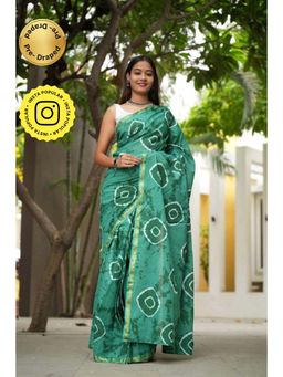 Isadora Life - Womens Tie & Dye Printed Green Pre-Draped Saree with Unstitched Blouse