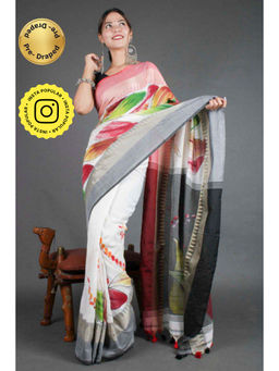 Isadora Life - Womens Floral Printed White Pre-Draped Saree with Unstitched Blouse