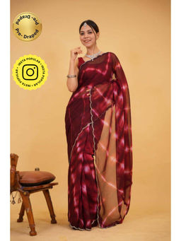 Isadora Life - Womens Tie & Dye Sequined Maroon Pre-Draped Saree with Unstitched Blouse