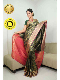 Isadora Life - Womens Woven Zari Green Pre-Draped Saree with Unstitched Blouse