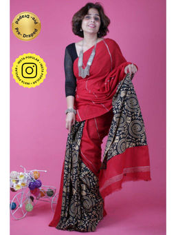 Isadora Life - Womens Printed Red Pre-Draped Saree with Unstitched Blouse
