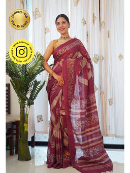 Isadora Life - Womens Printed Tassels Maroon Pre-Draped Saree with Unstitched Blouse