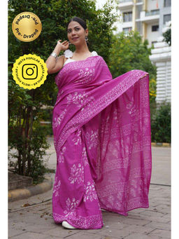 Isadora Life - Womens Block Print Purple Pre-Draped Saree with Unstitched Blouse