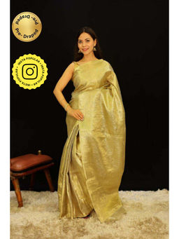 Isadora Life - Womens Woven Zari Gold Pre-Draped Saree with Unstitched Blouse