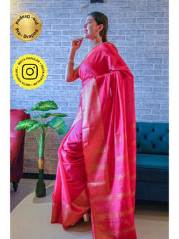 Isadora Life - Womens Woven Zari Pink Pre-Draped Saree with Unstitched Blouse