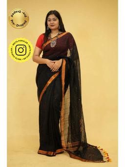 Isadora Life - Womens Tassels Sequined Black Pre-Draped Saree with Unstitched Blouse