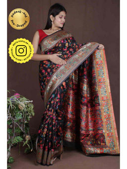 Isadora Life - Womens Floral Zari Black Pre-Draped Saree with Unstitched Blouse