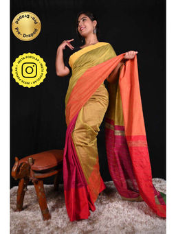 Isadora Life - Womens Colorblock Woven Green Pre-Draped Saree with Unstitched Blouse