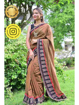 Isadora Life - Womens Printed Brown Pre-Draped Saree with Unstitched Blouse