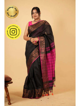 Isadora Life - Womens Woven Zari Black Pre-Draped Saree with Unstitched Blouse