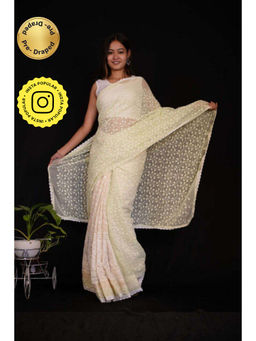 Isadora Life - Womens Sequined Embroidered Cream Pre-Draped Saree with Unstitched Blouse