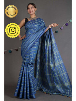 Isadora Life - Womens Embroidered Thread Work Blue Pre-Draped Saree with Unstitched Blouse